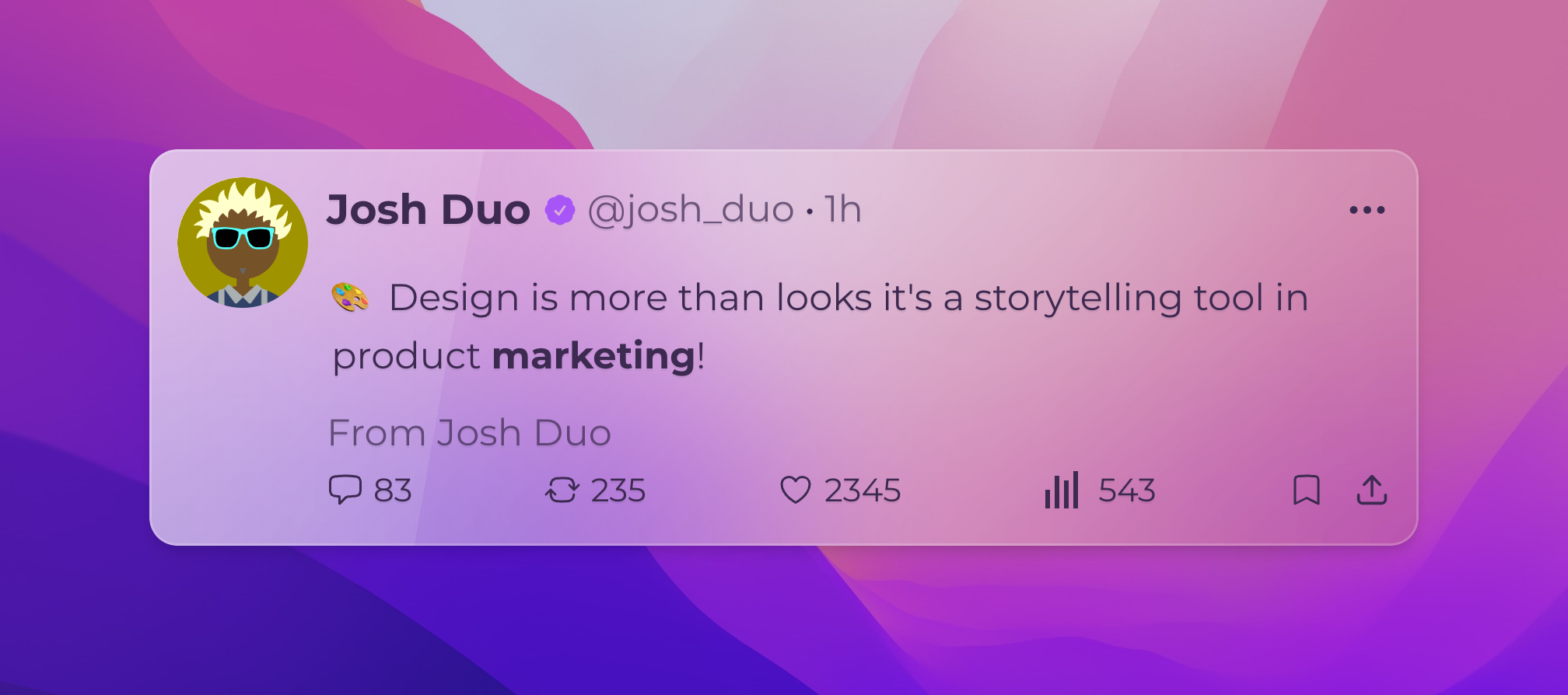 Tweet card rendered on a violet-to-pink gradient inside the Screencial editor