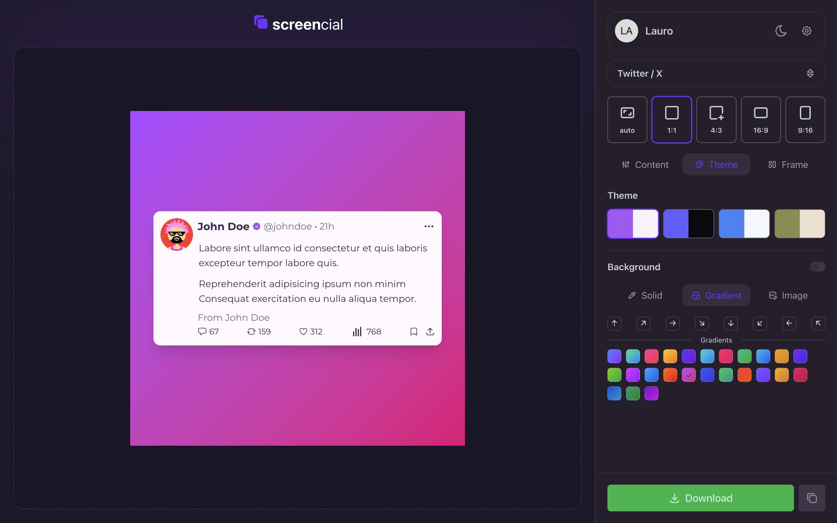 Screencial editor showing a tweet card on a violet to pink gradient background